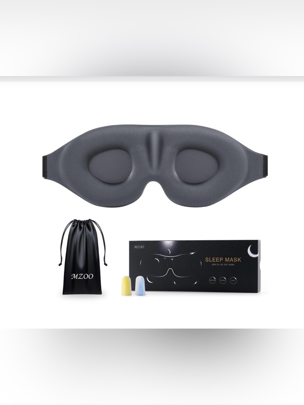 Sleep Mask with Ear plugs & Travel Bag 100% Light-Blocking 3D No-Pressure - GRAY
